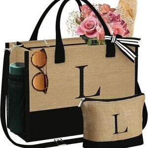 Initial Jute Tote Bag & Makeup Bag, Birthday Gifts for Women Her Mom Teacher
